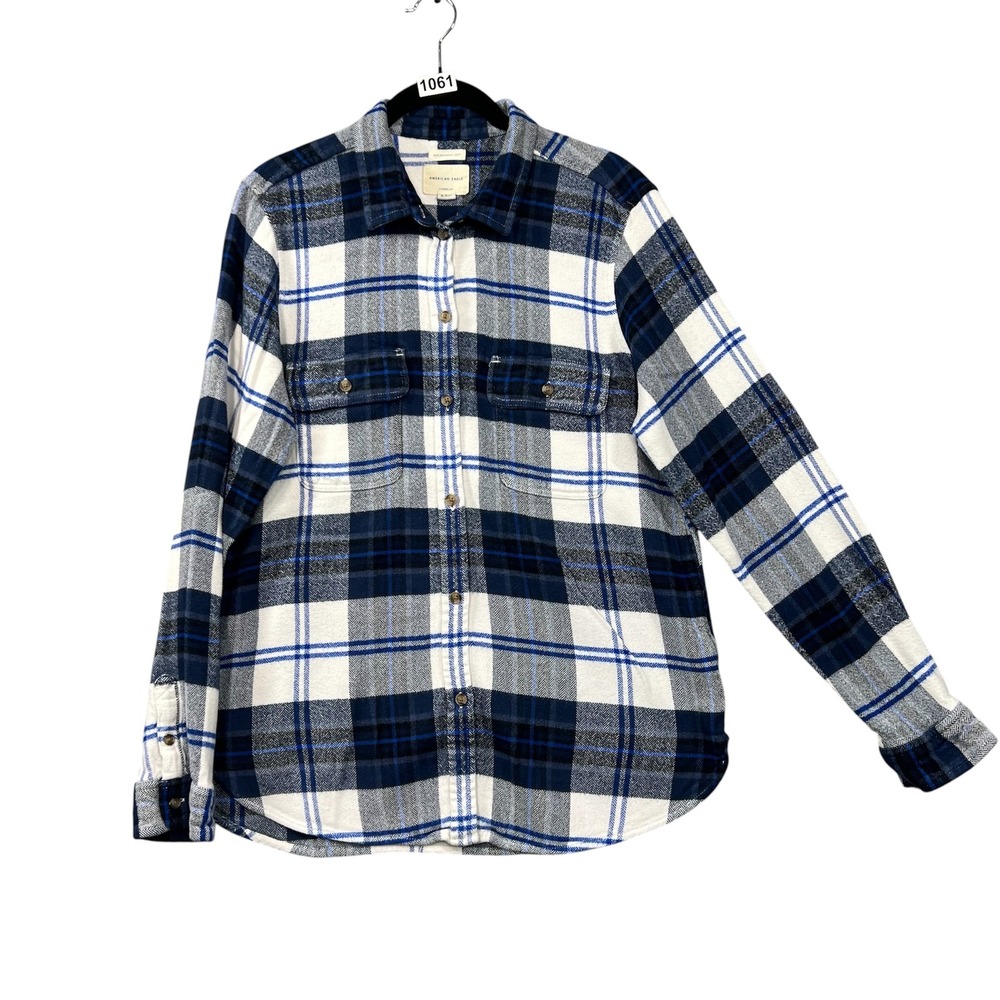 American Eagle Button Down Women XL Blue Plaid Soft Classic Fit‎ Flannel Shirt